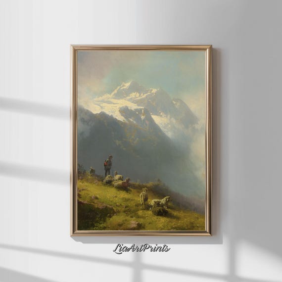 Mountain Landscape Wall Art Vintage Pastoral Scene Rustic Alpine Artwork Neutral Tones Nature Decor