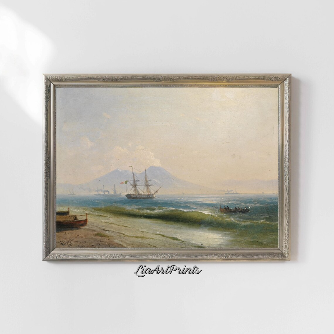 Coastal Bay with a Tall Ship and Distant Volcano Vintage Nautical Print - Image 5
