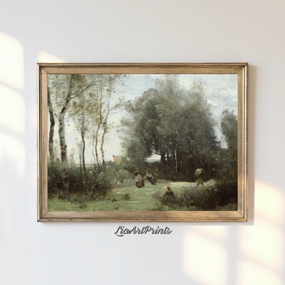 Misty Forest Clearing with Peasant Women Vintage Woodland Poster