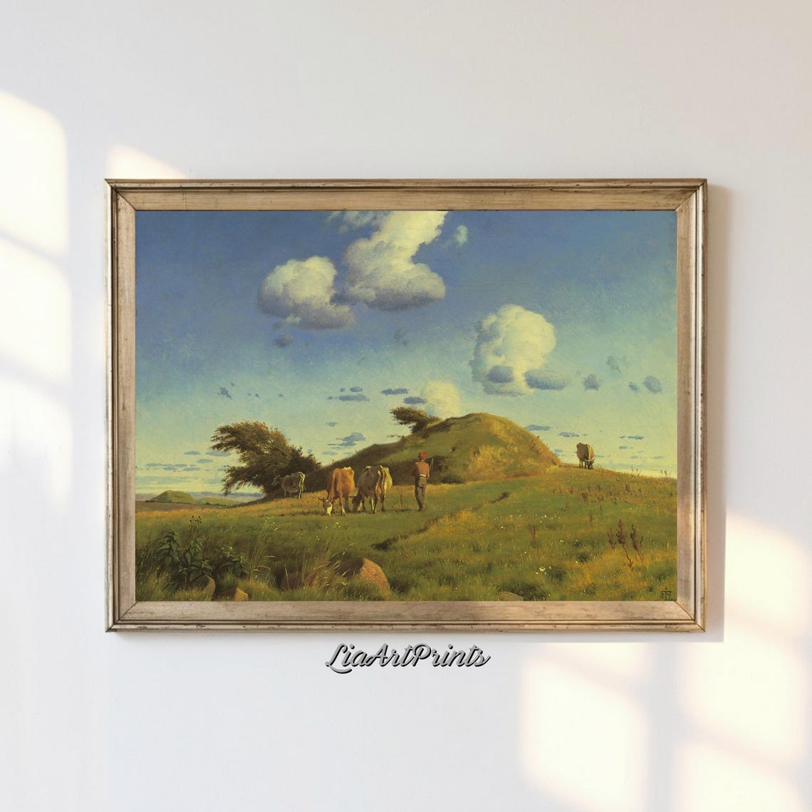 Pastoral Herdsman Cows Green Hill Big Summer Sky Country Poster