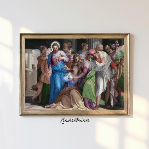 Christ And The Kneeling Woman Biblical Renaissance Scene Vintage Poster