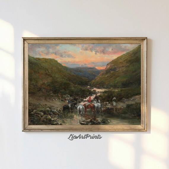 Riders In A Serene Valley Atmospheric Landscape Art Rustic Countryside Decor