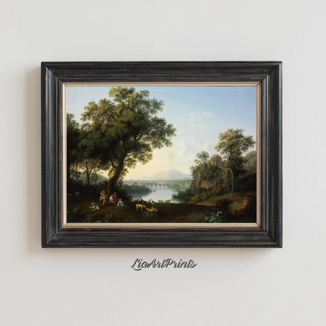 Italianate Pastoral River Landscape with Shepherds and Temple Poster - Image 2