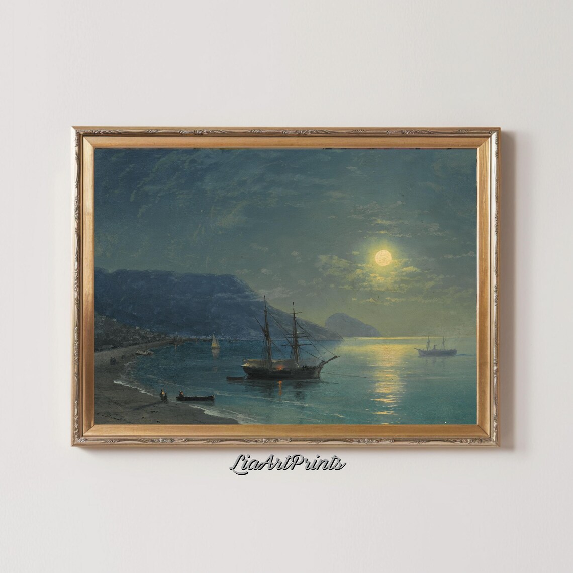 Moonlit Nautical Scene, Vintage Ship Under Moonlight - Image 2