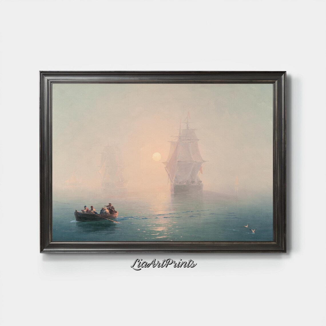 Misty Morning Rowboat and Tall Sailing Ships at Sunrise Vintage Nautical Print - Image 4