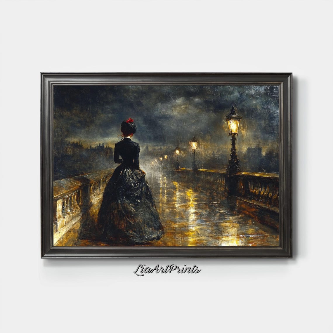 Victorian Lady Rainy Bridge Night Gas Lamps Romantic Gothic Wall Art - Image 3