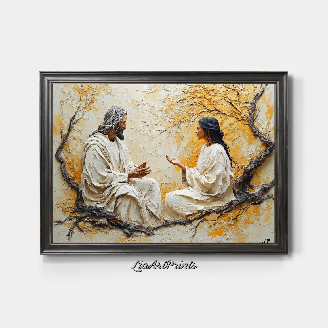Jesus and Woman Talking Under Golden Tree Textured Religious Painting Poster - Image 4