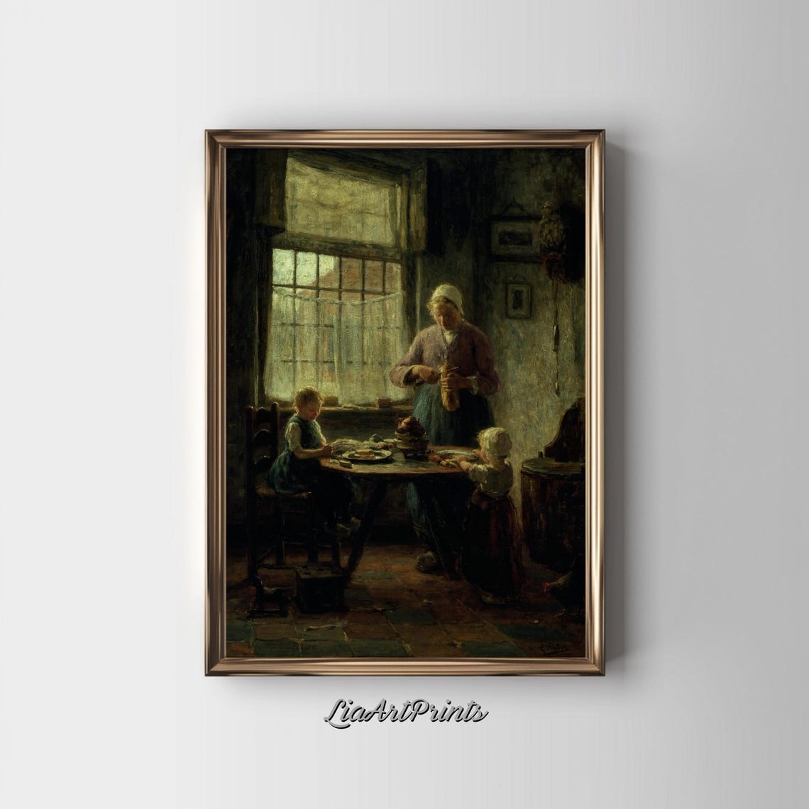 Mother Serving Children by a Sunlit Window Dutch Interior Scene Poster - Image 2