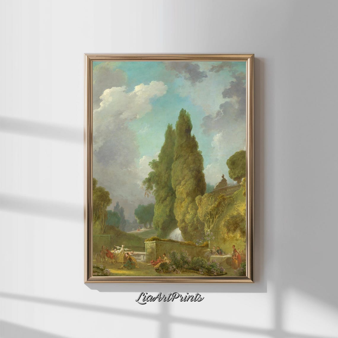 Rococo Garden Party Elegant Figures Tall Cypress Trees Fete Poster