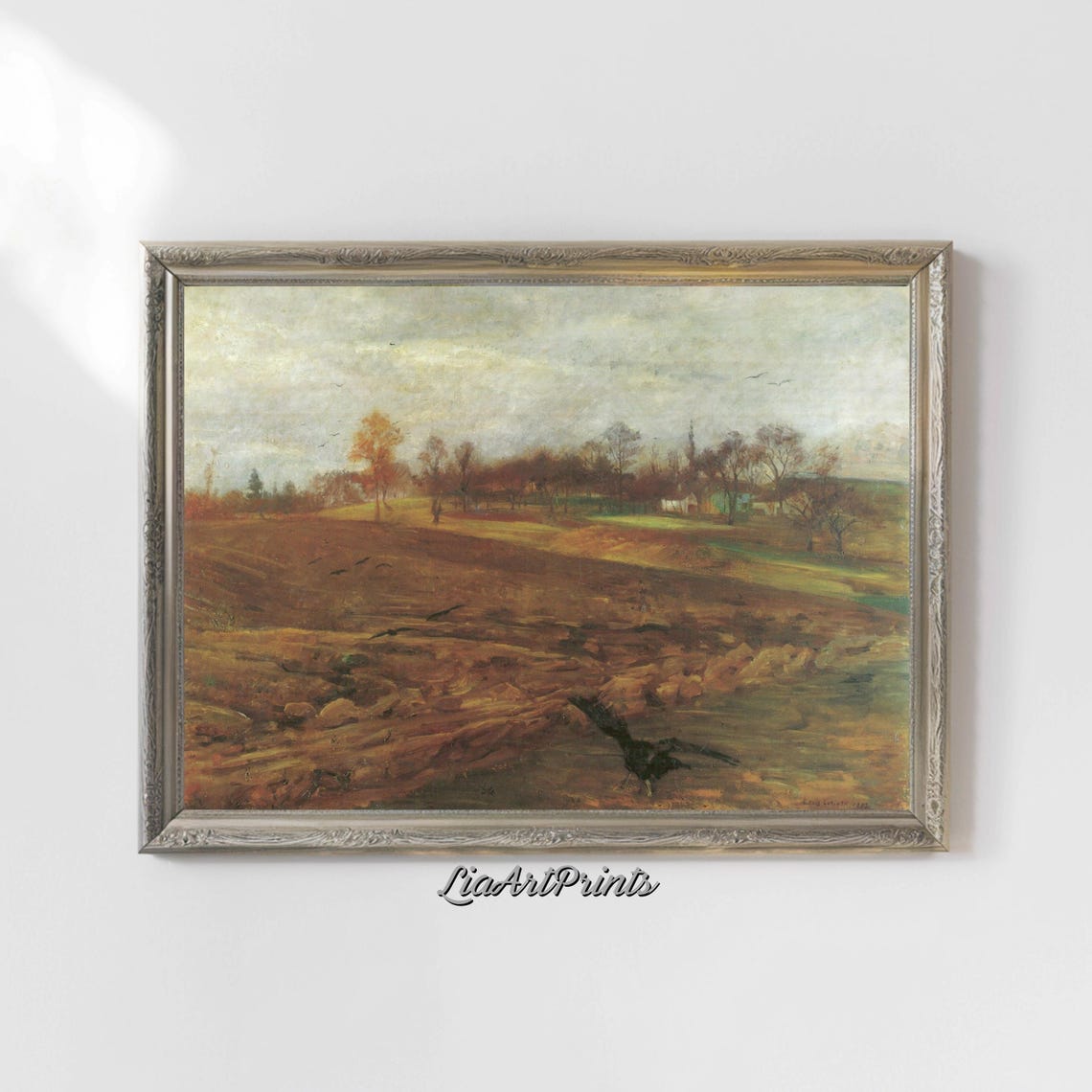 Autumn Plowed Field Birds Antique Muted Countryside Landscape Poster - Image 4