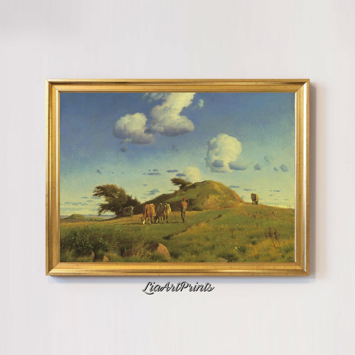 Pastoral Herdsman Cows Green Hill Big Summer Sky Country Poster - Image 3