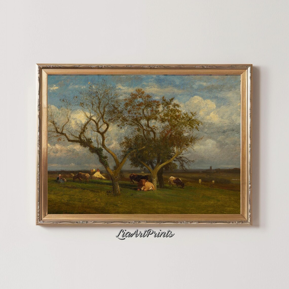 Pastoral Cows Resting Under Trees in a Wide Green Meadow Vintage Print - Image 2
