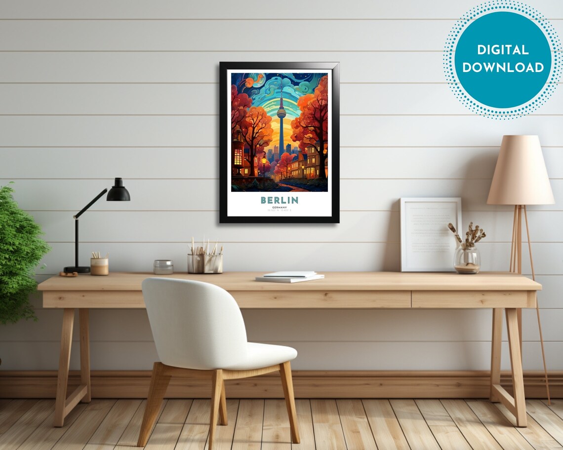 Berlin Germany TV Tower Autumn Trees Night Art Nouveau Travel Poster - Image 3