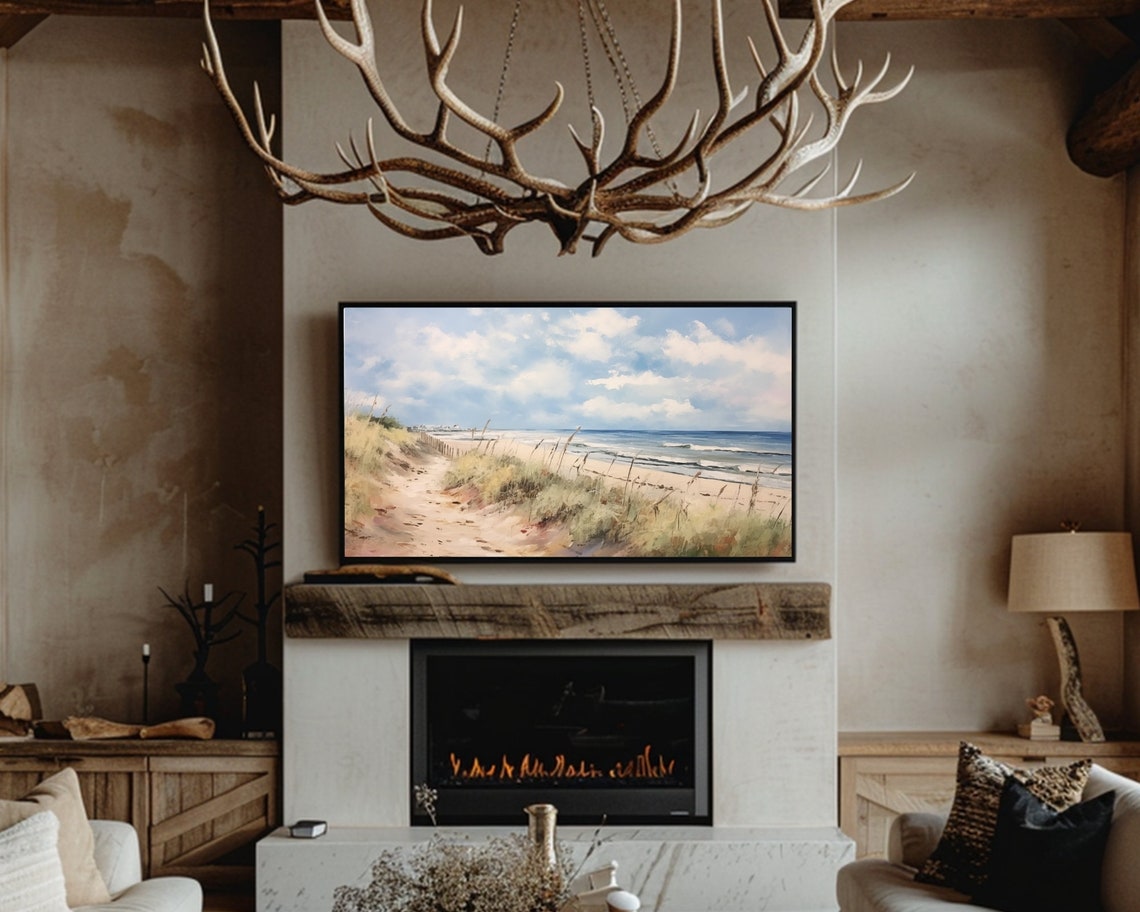 Sandy Beach Dune Path Ocean Waves Soft Coastal Painting Wall Art - Image 3