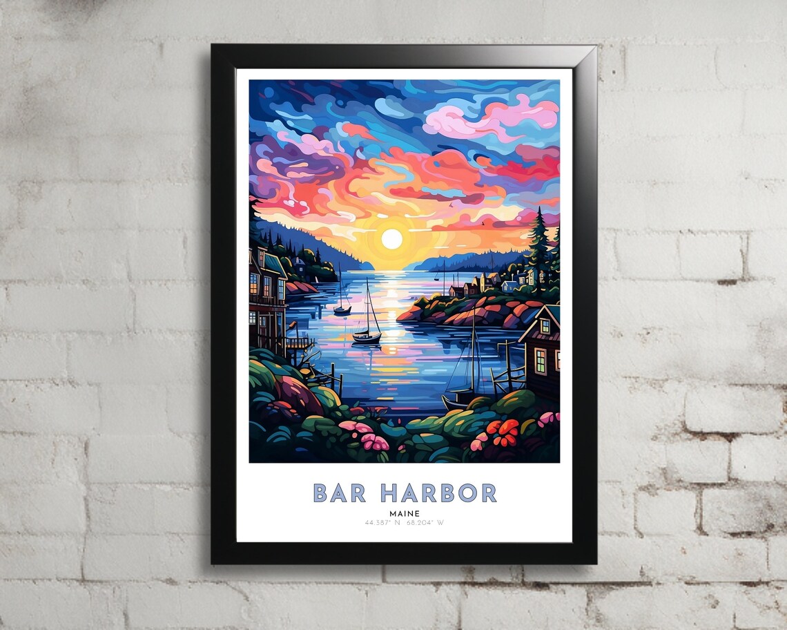 Bar Harbor Maine Harbor Sailboats Sunset Coastal Travel Poster