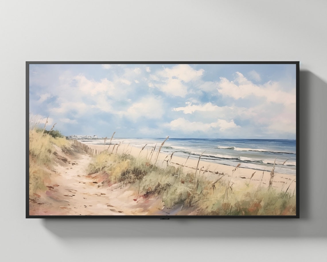 Sandy Beach Dune Path Ocean Waves Soft Coastal Painting Wall Art