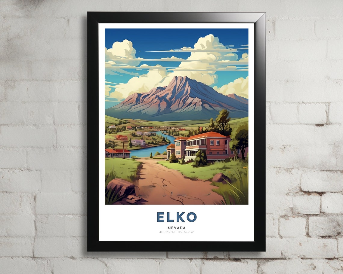 Elko Nevada Mountain Town Vintage Style Peak Valley Travel Art Poster