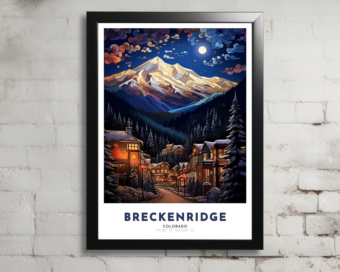 Breckenridge Colorado Moonlit Mountain Town Winter Travel Poster