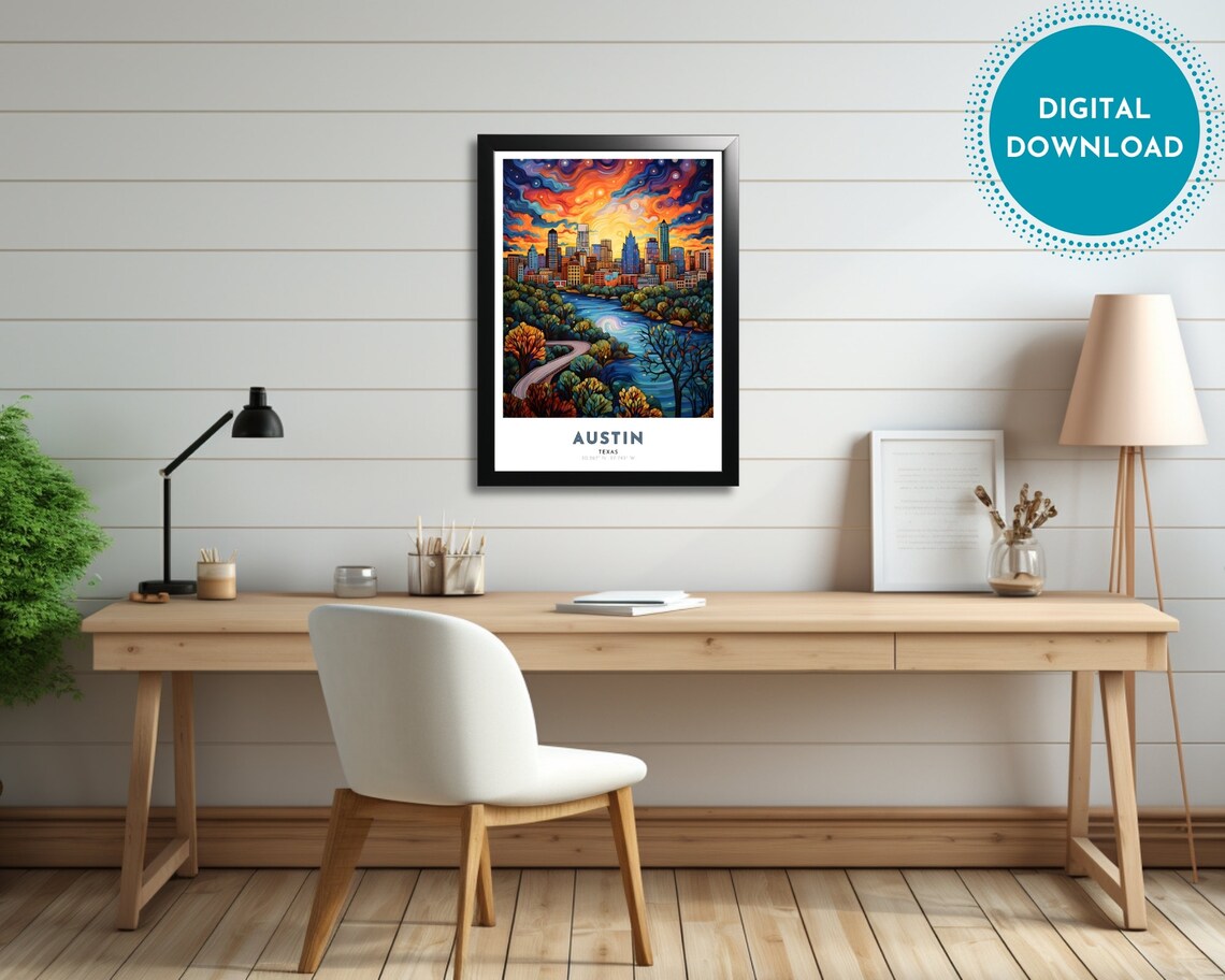 Austin Texas Skyline Sunset Swirling Sky Colorful Travel Poster - Image 2