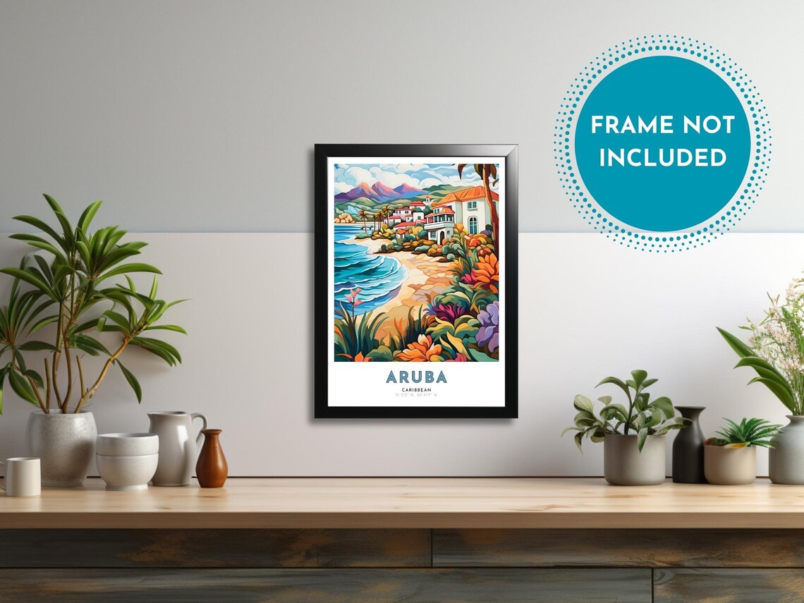Aruba Caribbean Beach Hillside Houses Tropical Flower Art Poster - Image 2