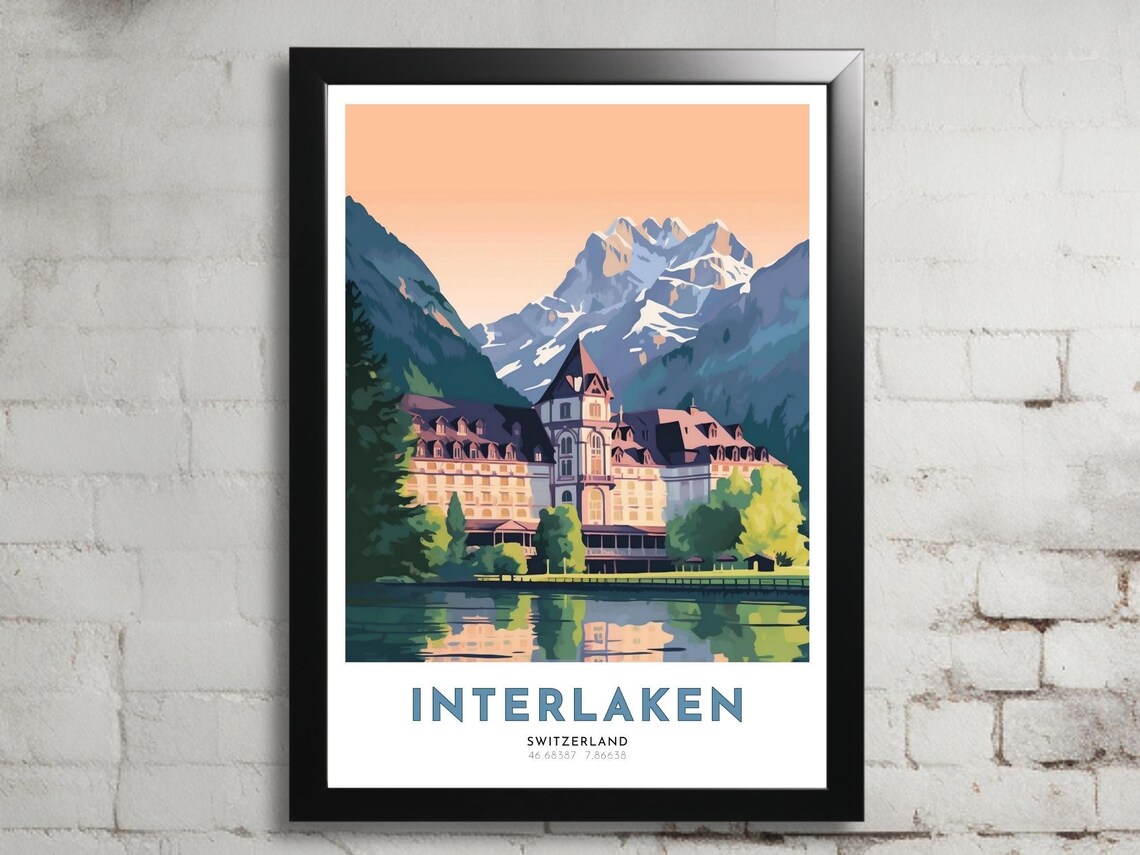 Interlaken Switzerland Alpine Lake Grand Hotel Mountain Poster