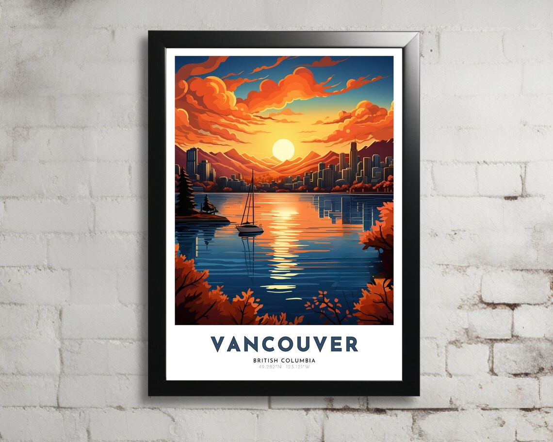 Vancouver British Columbia Harbor Sunset Sailboat Travel Poster