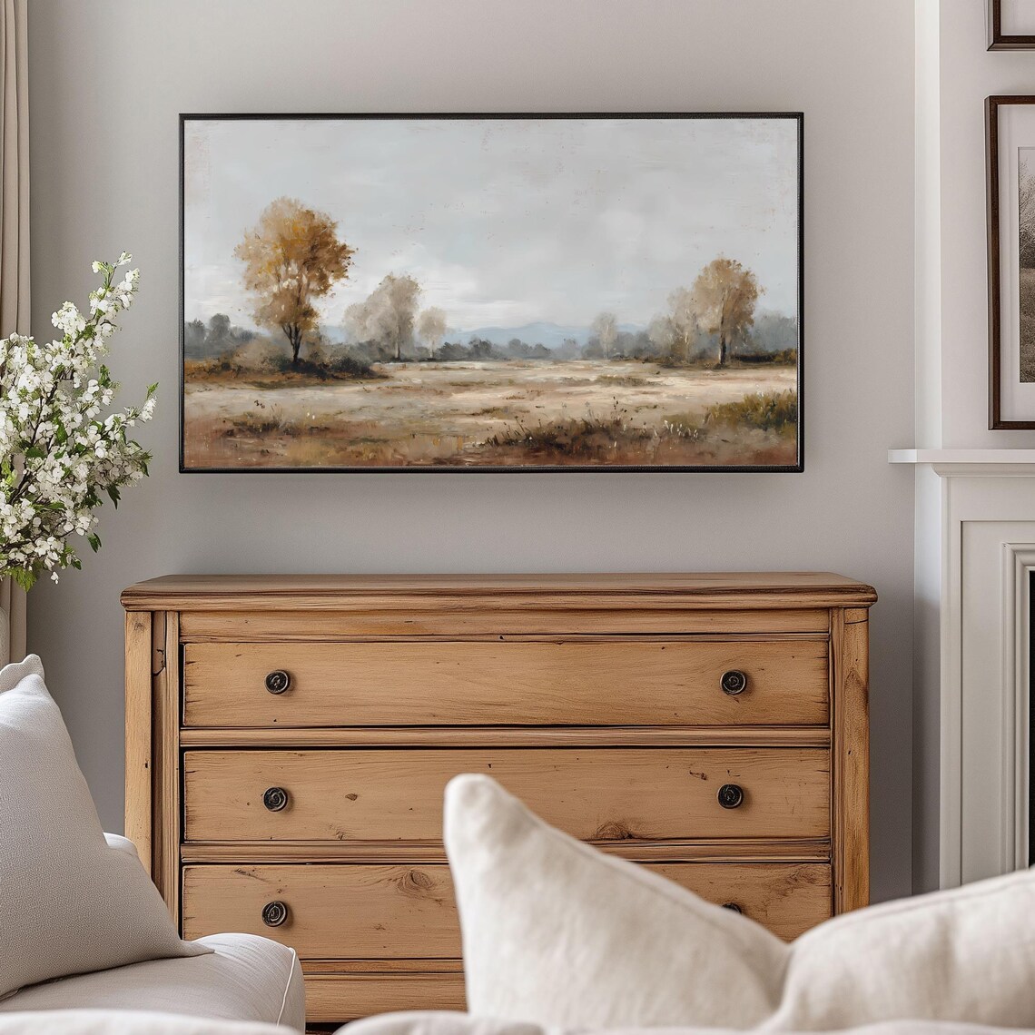 Muted Autumn Countryside Landscape With Golden Trees Farmhouse Poster