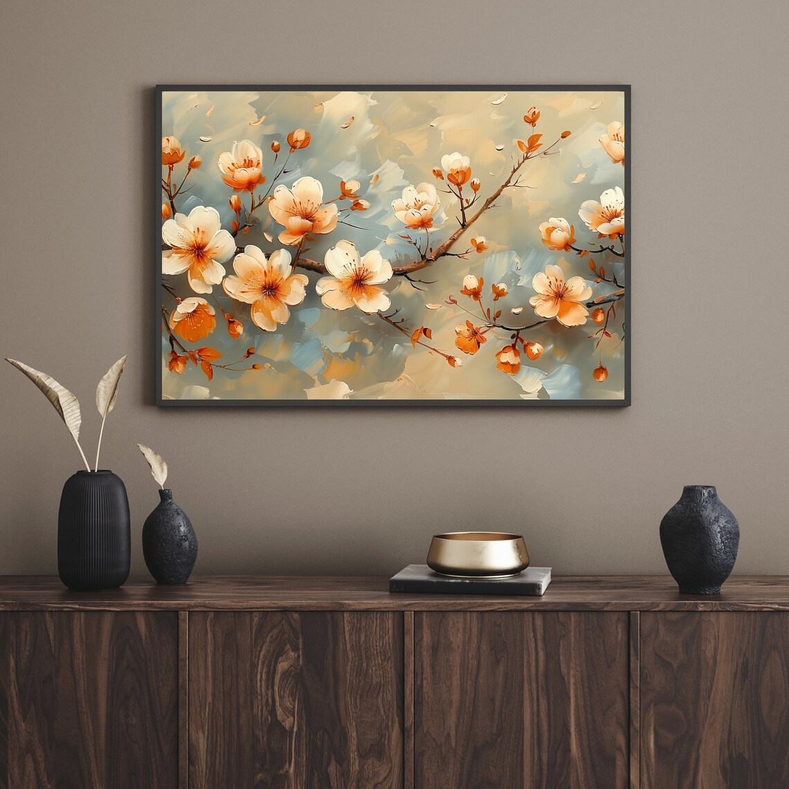 White And Apricot Blossom Branch Neutral Floral Painting Poster - Image 2