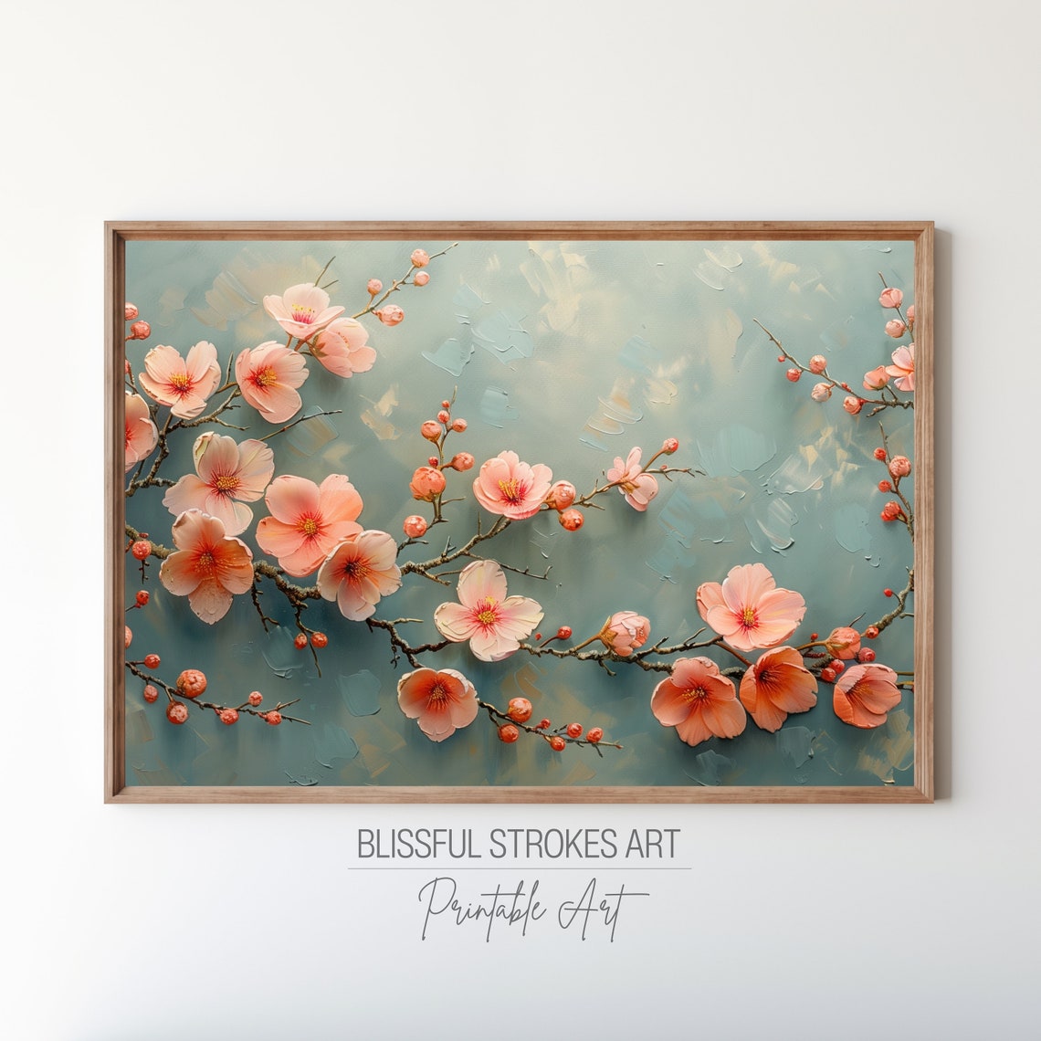 Pink Cherry Blossom Branches Sage Green Floral Painting Poster
