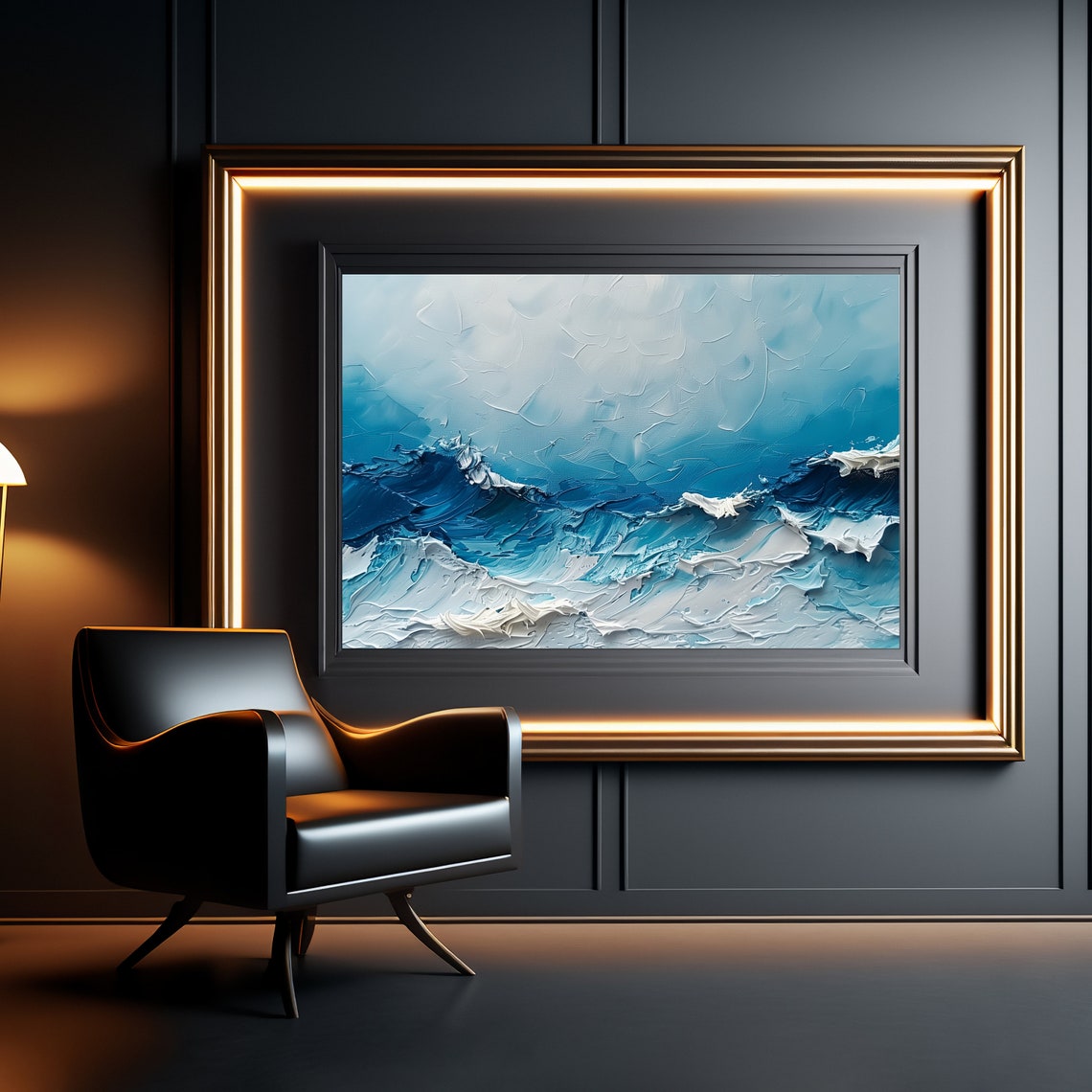 Blue And White Ocean Wave Textured Abstract Coastal Art Poster - Image 3