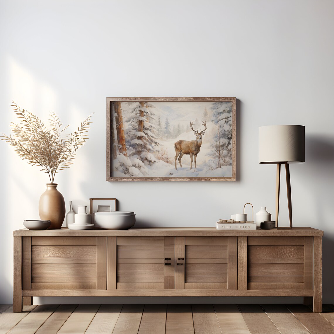 Winter Stag Deer In Snowy Pine Forest Vintage Oil Painting Poster - Image 2