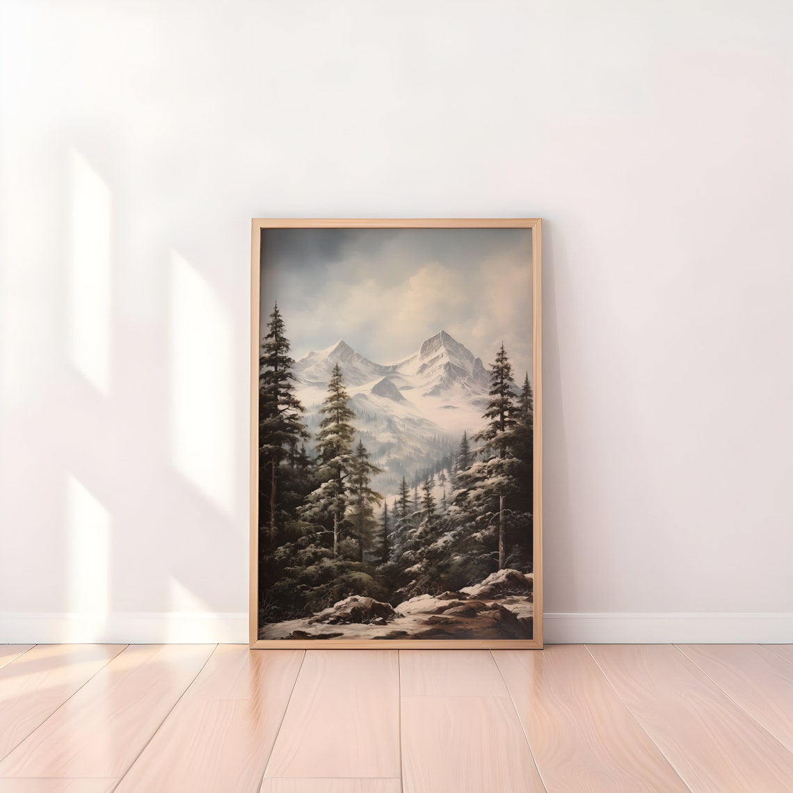 Vintage Landscape Snowy Pine Trees Intricate Detail Oil Painting Snowy Mountain Landscape Winter Wonderland Christmas Art - Image 3