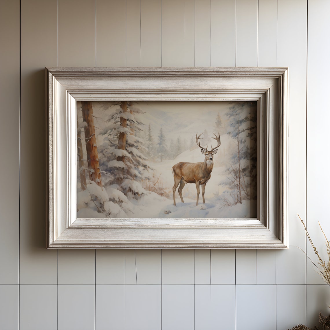 Vintage Landscape Reindeer In Snowy Forest Vintage Oil Painting Snowy Mountain Landscape Winter Wonderland Christmas Art