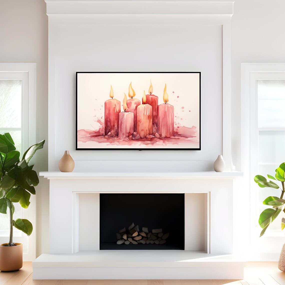 Pink Candle Cluster Lit Flames Watercolor Romantic Cozy Art Print - Image 4