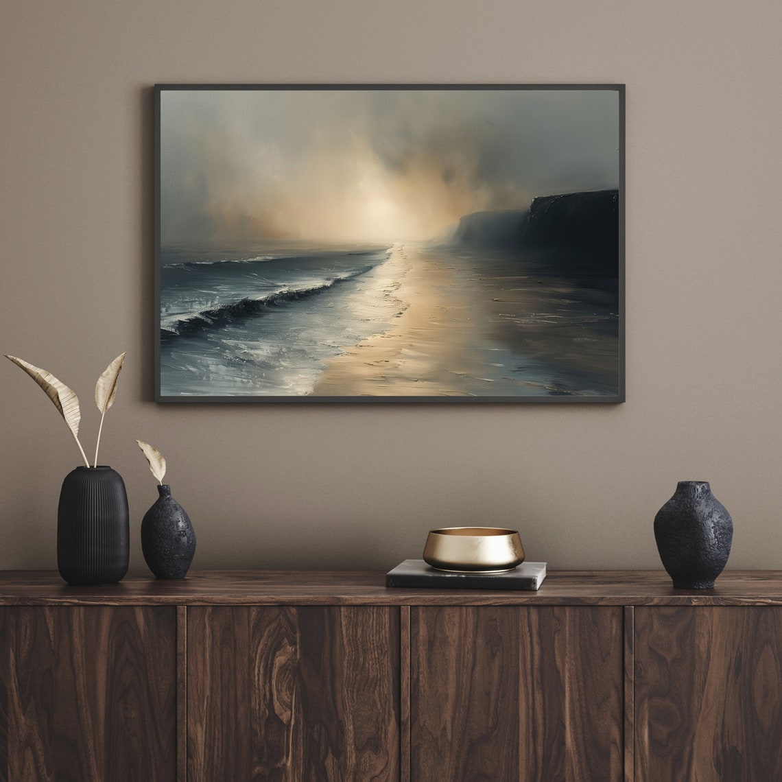 Sunset Beach Shoreline Golden Light Moody Seascape Painting Poster