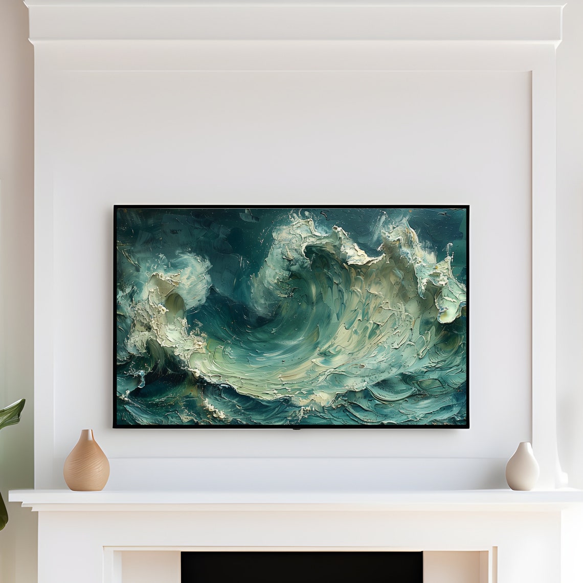 Textured Deep Teal Ocean Waves Dramatic Impasto Seascape Print - Image 3
