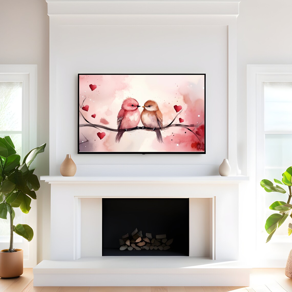 Love Birds Branch Red Hearts Watercolor Romantic Valentine Art Print - Image 3