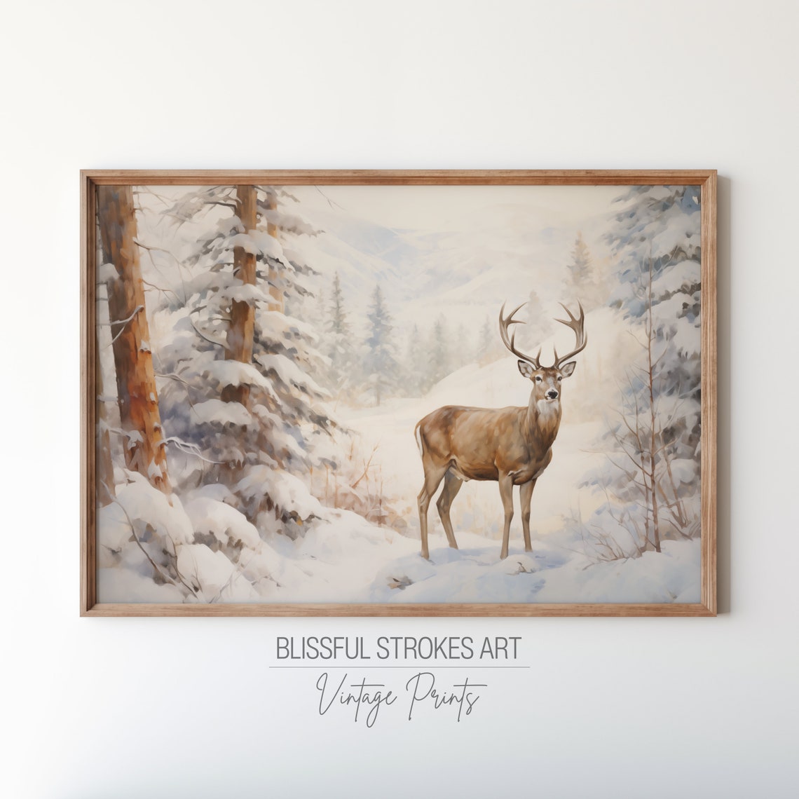 Vintage Landscape Reindeer In Snowy Forest Vintage Oil Painting Snowy Mountain Landscape Winter Wonderland Christmas Art - Image 4