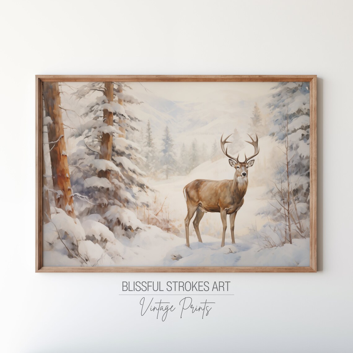 Winter Stag Deer In Snowy Pine Forest Vintage Oil Painting Poster - Image 4
