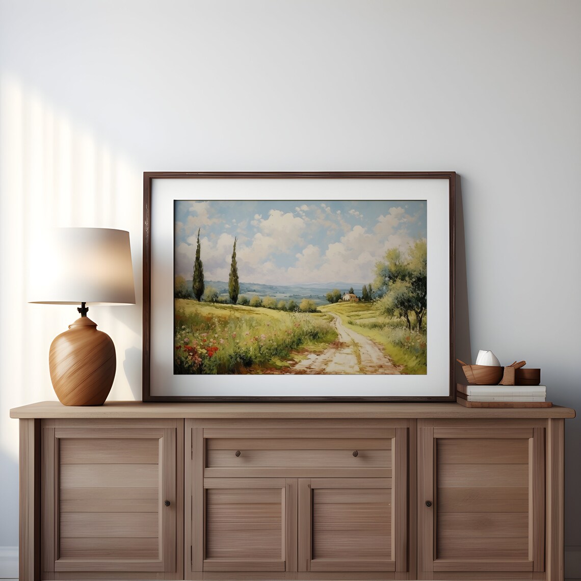 Sunny Tuscan Cypress Country Road Farmhouse Vintage Oil Painting Print - Image 4
