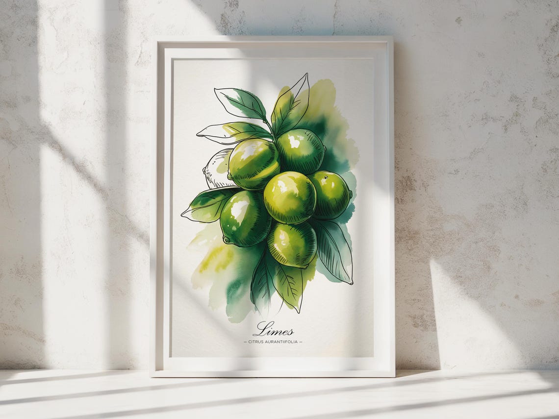 Limes Citrus Aurantiifolia Botanical Watercolor Kitchen Wall Print