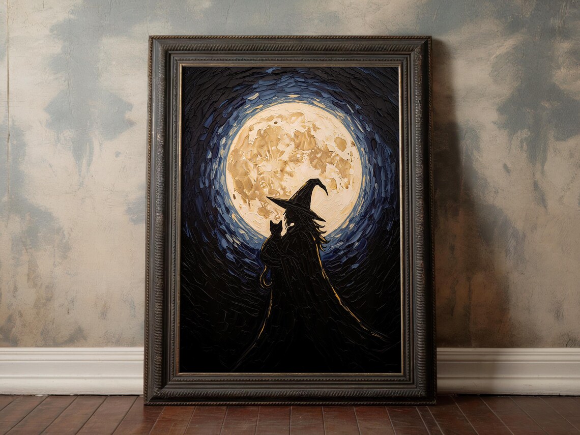 Gothic Wall Art Witch Holding Cat Silhouette Textured Halloween Instant