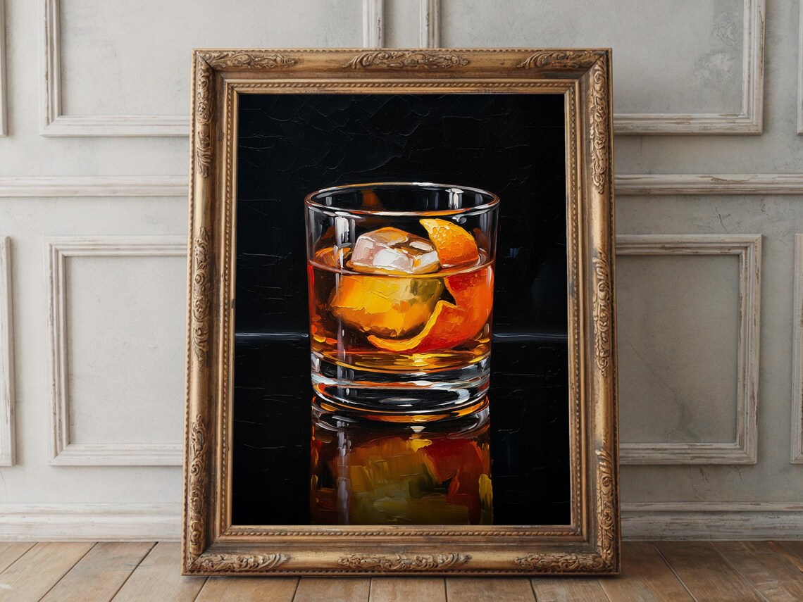 Old Fashioned Whiskey Cocktail Orange Peel Moody Impasto Art Poster