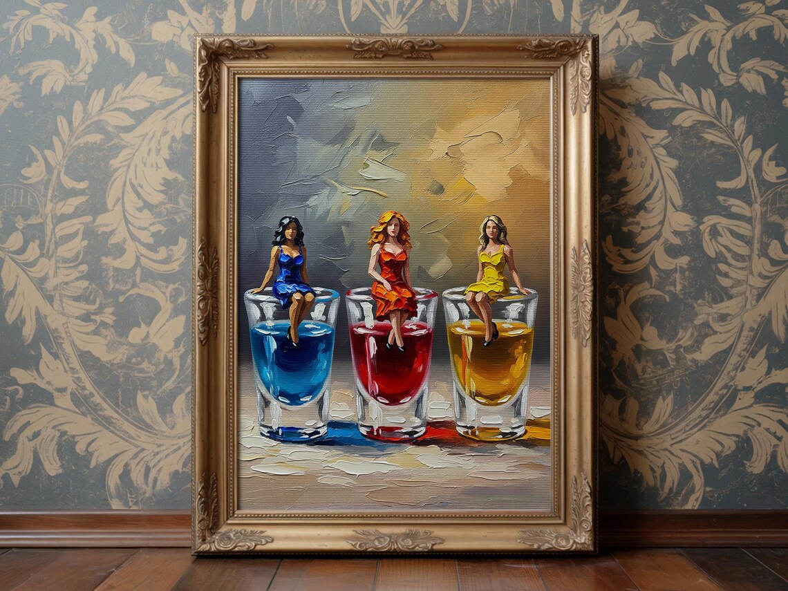 Three Women Sitting on Colorful Shot Glasses Impasto Painting Wall Art