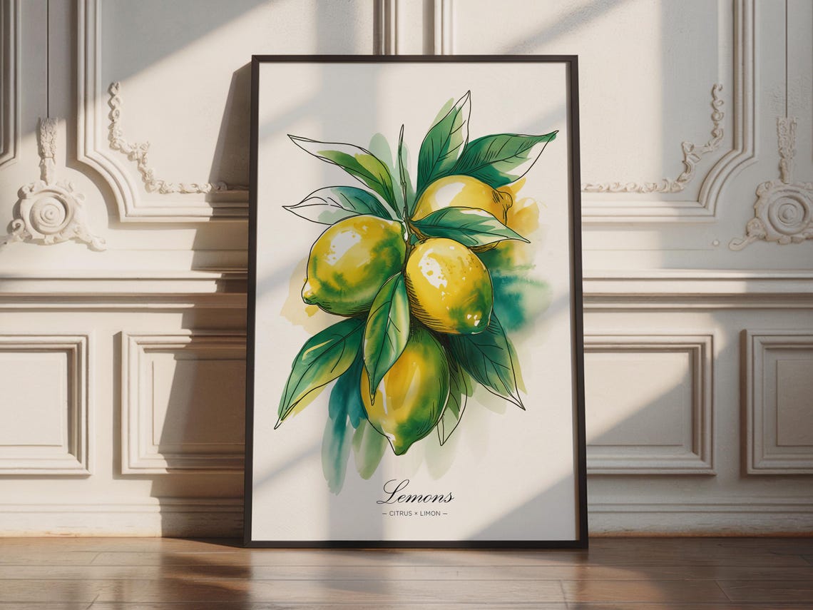 Lemon Watercolor Botanical Citrus Kitchen Fruit Decor Wall Art Piece