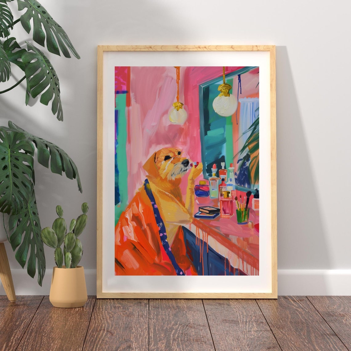 Dog Applying Makeup Poster Golden Retriever Vanity Funny Decor Art