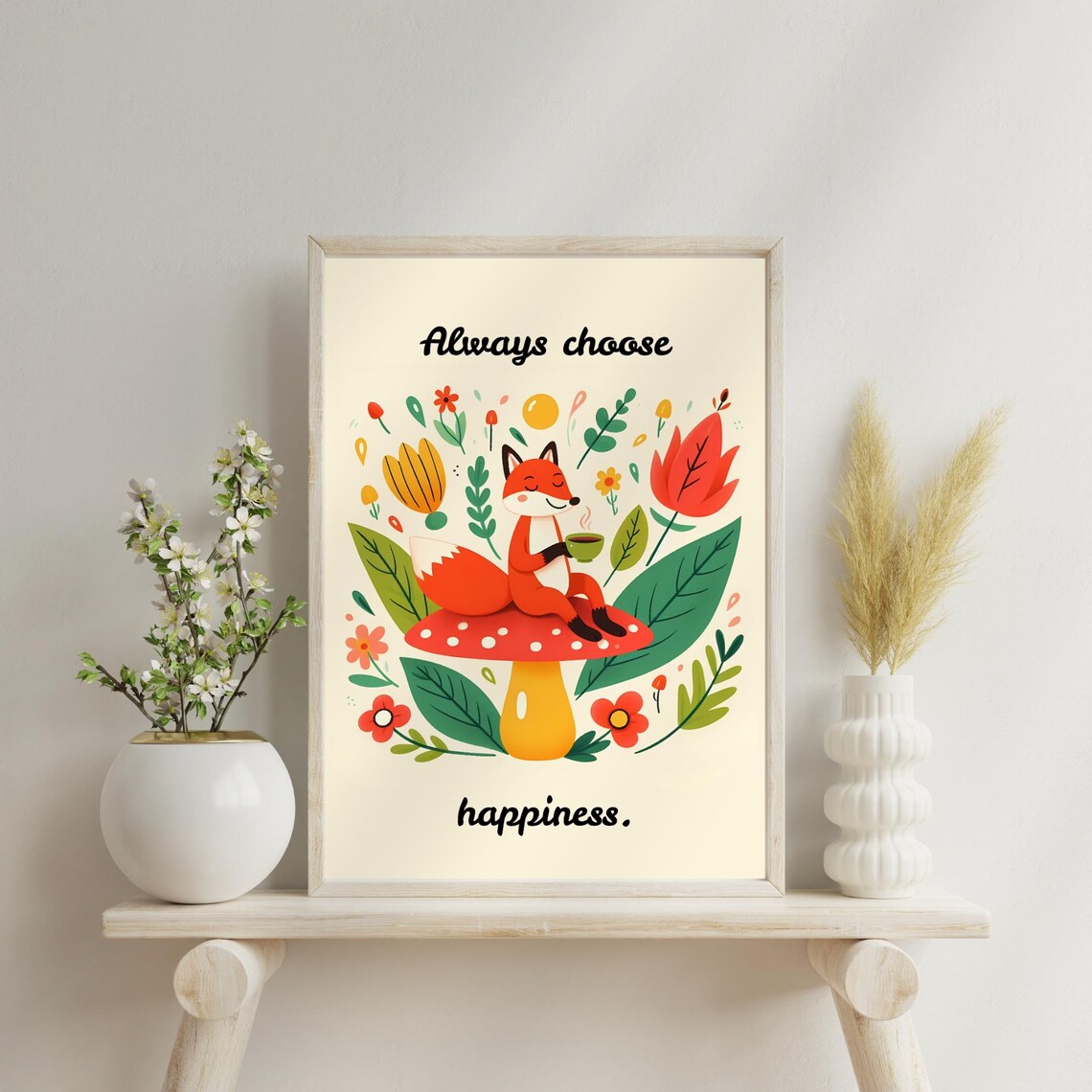 Always Choose Happiness Fox On Mushroom Whimsical Quote Poster