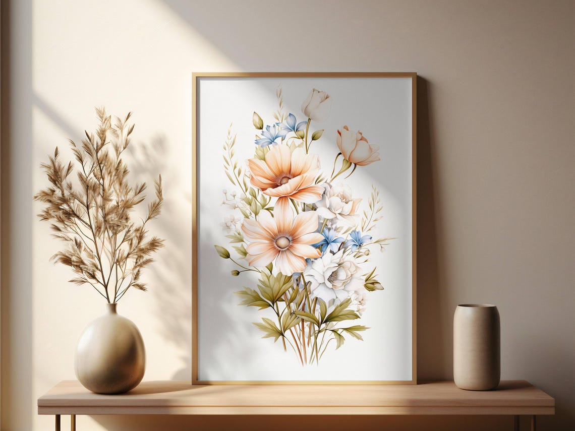 Peach Anemone Bouquet Soft Wildflower Watercolor Arrangement Poster - Image 2