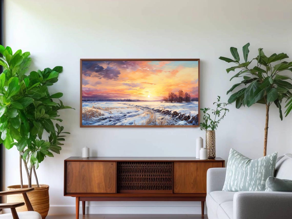 Snowy Meadow Sunset with Vivid Orange and Violet Sky Wall Art - Image 2