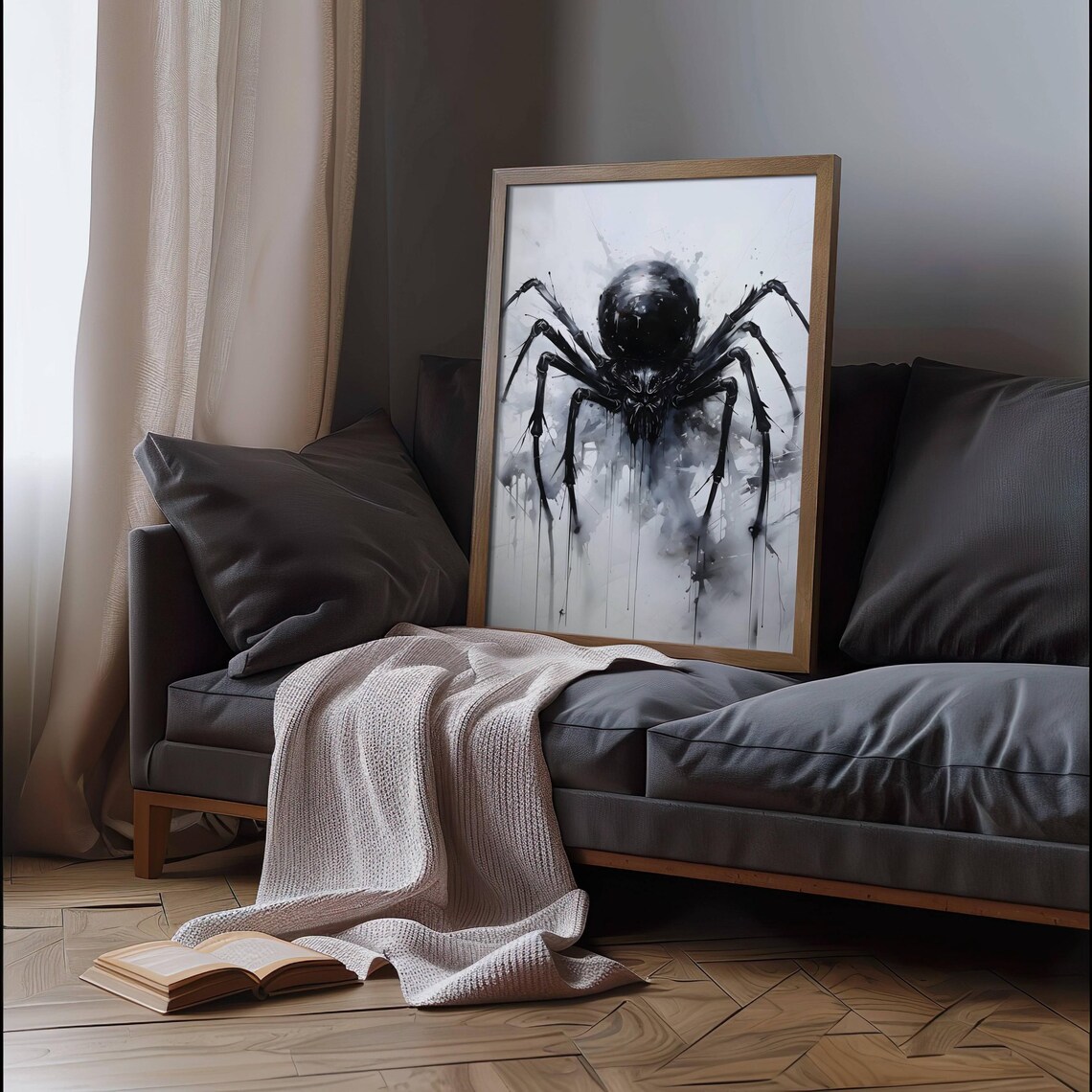 Black Spider Ink Wash Painting White Background Halloween Horror Poster - Image 2